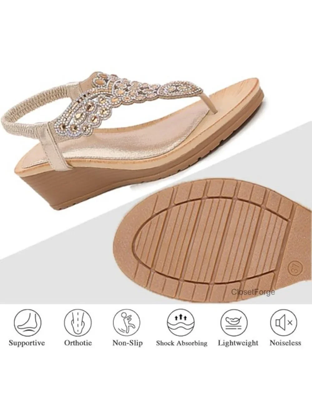 Women's T-Strap Rhinestone Wedge Sandals Arch Support Non Slip